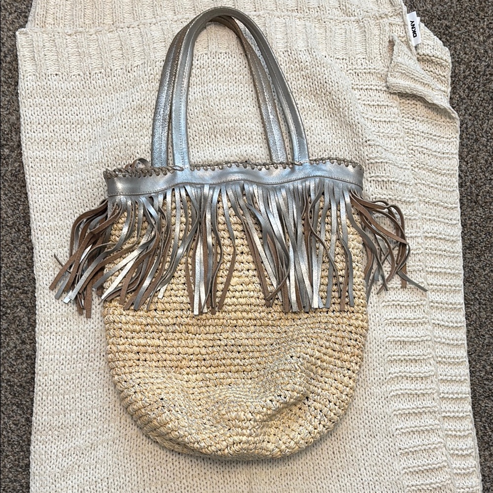 😎Cleobella Silver leather and raffia large Fringe Tote Bag
